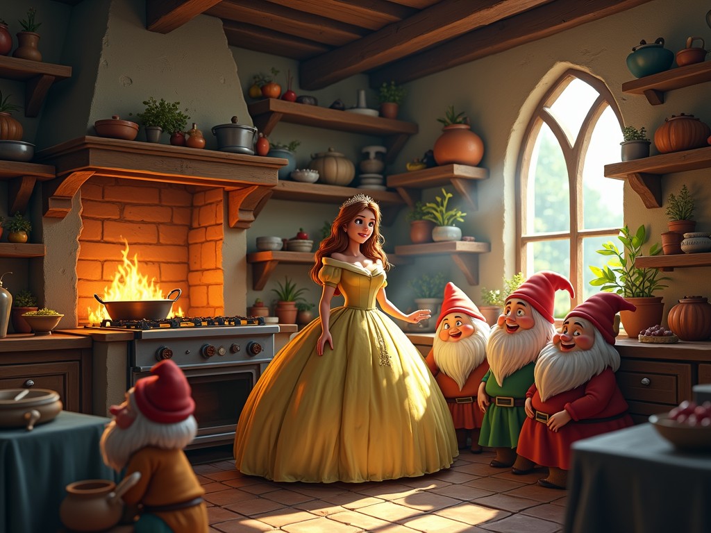 A colorful, animated scene depicts a princess in a vibrant yellow gown, surrounded by cheerful dwarfs in a rustic kitchen. A lively fire crackles in a brick oven, casting a warm glow, while sunlight streams through an arched window filled with greenery. The wooden shelves are stocked with various kitchenware, enhancing the cozy and magical atmosphere.