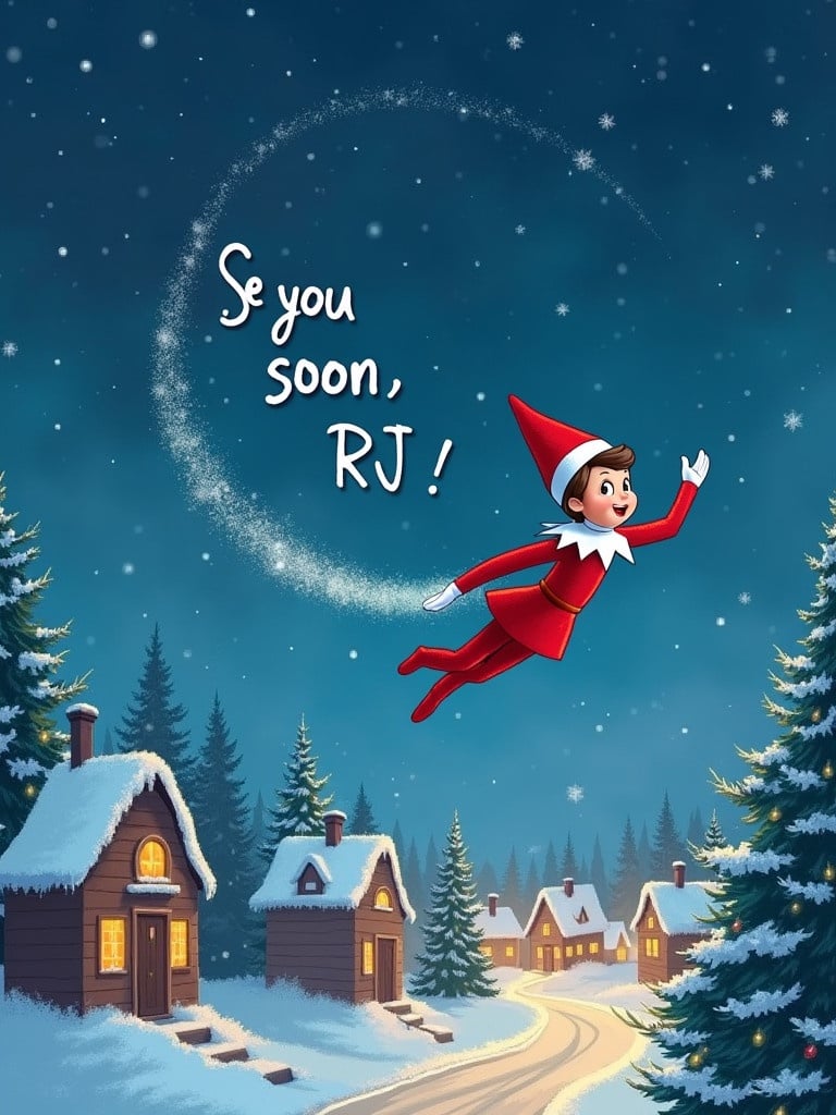 An Elf on the Shelf is flying through the night sky. A trail of snow behind him writes 'See you soon, RJ!'. The elf appears cheerful and focused as he flies over a snowy village with trees and Christmas lights.