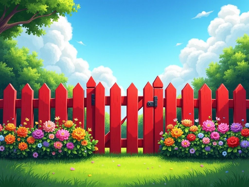 A picturesque scene featuring a vibrant red wooden fence standing amidst a lush green garden. The fence is adorned with colorful flowers blooming at its base, creating a lively atmosphere. Behind the fence, fluffy white clouds and a clear blue sky add to the cheerful setting. This image evokes a sense of tranquility and joy, perfect for children’s stories or cozy home decorations. The inviting aspect of the open fence suggests exploration and adventure in a beautiful outdoor space.