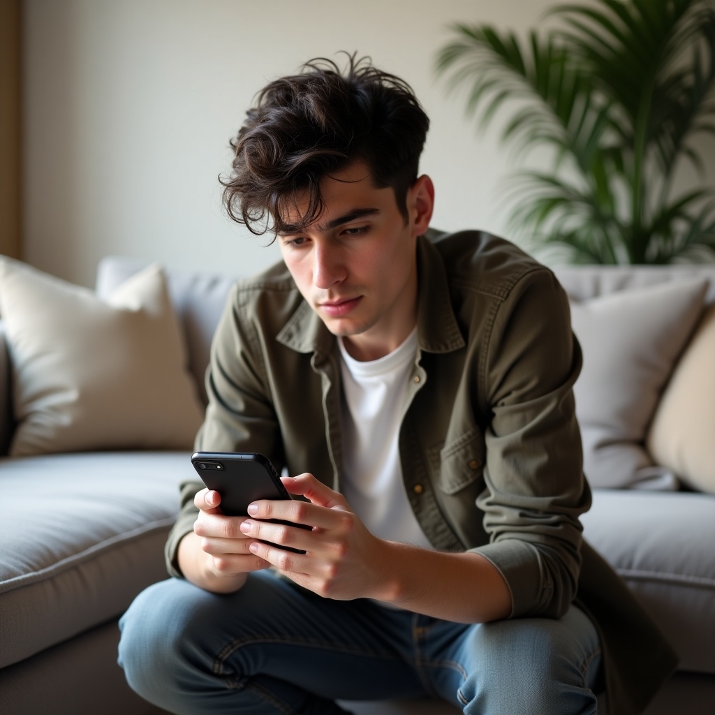 Young man looks at smartphone with focused expression. Furrowed brow indicates concentration or frustration. Soft natural lighting highlights features. Scene captures immediacy.