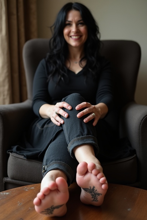 Mature goth woman with black long hair sits casually on a chair. She shows her tattooed soles of her bare feet while smiling. The feet are placed on the coffee table.