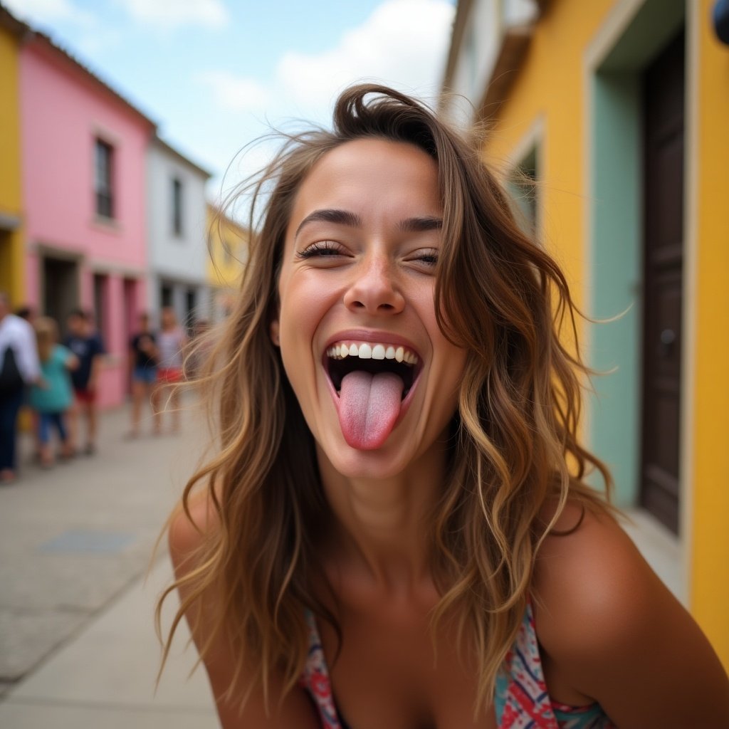 Woman with playful expression sticking her tongue out. Colorful buildings in the background. Bright and vibrant atmosphere. Close-up perspective.