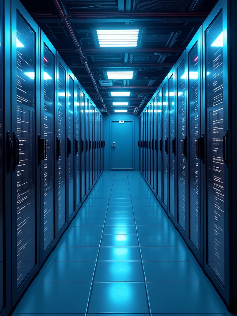 A high-tech data center filled with server racks in an ultra-modern facility. The space is dimly lit with vibrant blue lighting creating a futuristic atmosphere. The image captures a long corridor lined with doors at the back, showcasing the advanced infrastructure of data storage systems.