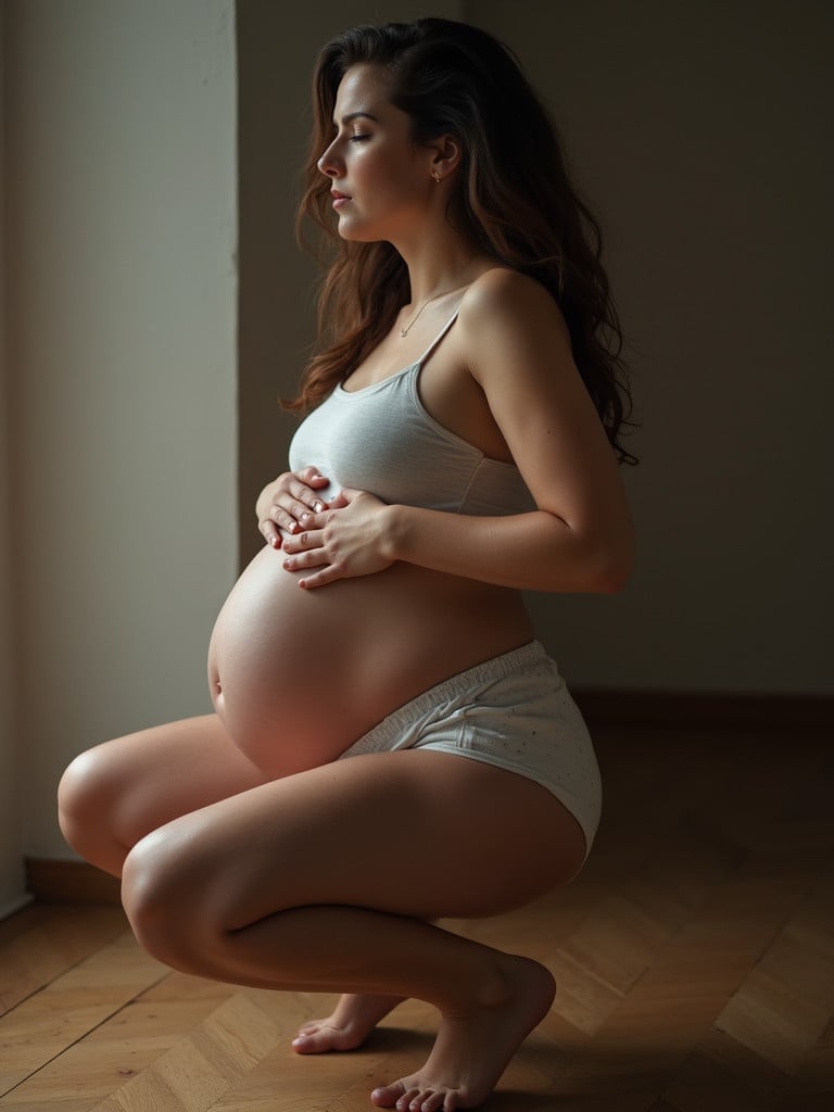 Pregnant woman squatting in a casual outfit. She is holding her belly. The background shows a light room with wooden flooring.