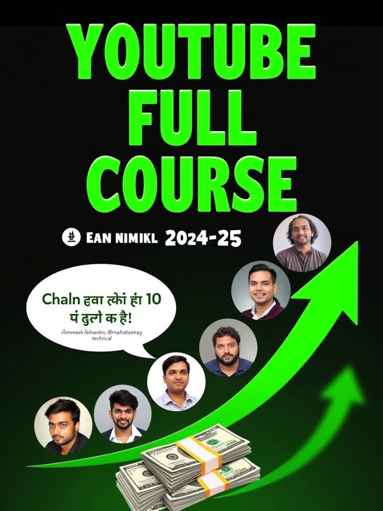 Main title YOUTUBE FULL COURSE in bold green text. Year 2024-25 positioned below. Quote bubble with motivational text. Features five individuals' faces. Dark green gradient background. Dollar bills and upward arrows representing growth.