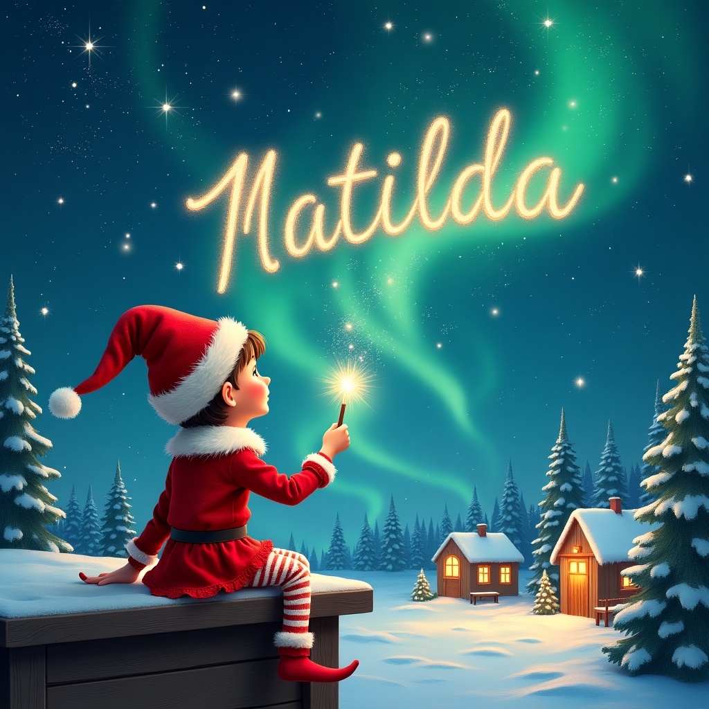 An elf gazes at a magical sky. Dressed in red with a pointed hat. Holds a sparkling wand and writes names in the sky. The scene includes snowy landscape, charming houses, evergreen trees, and Northern Lights. Captures childhood magic and Christmas cheer.