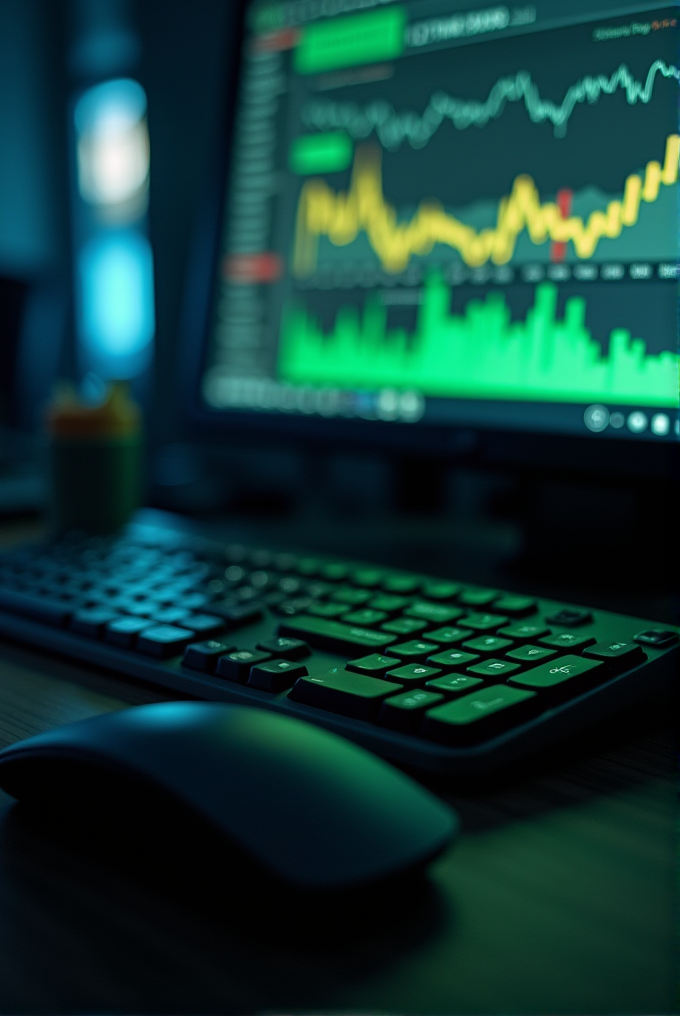 A computer screen displaying a financial chart with colorful graphs in a dimly lit room, accompanied by a keyboard and mouse.