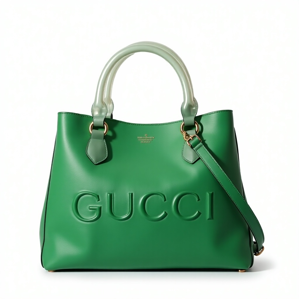 This image features an eye-catching oversized handbag made from vegan leather, emphasizing the fusion of luxury and sustainability. The bag is a vibrant green color with a prominent embossed 'GUCCI' logo on the front. It showcases unique acrylic transparent straps that add a futuristic touch. Set against a clean white background, the handbag stands out as a fashionable statement piece. Its luxurious design appeals to eco-conscious consumers who prioritize elegance in their accessories.