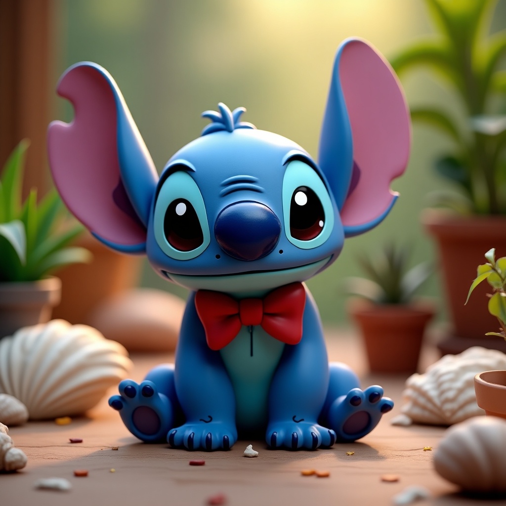 Character named Stitch in a colorful setting. Character is blue with large ears and a bow tie. Setting includes plants and shells. The lighting is soft and warm, creating a festive Christmas look.