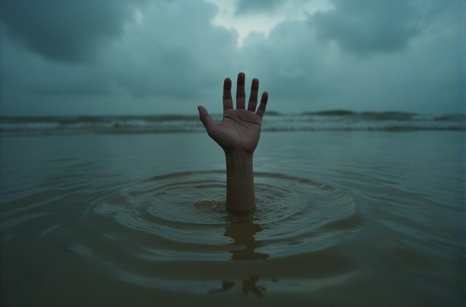 A hand is emerging from the water, reaching upwards, set against an overcast sky.