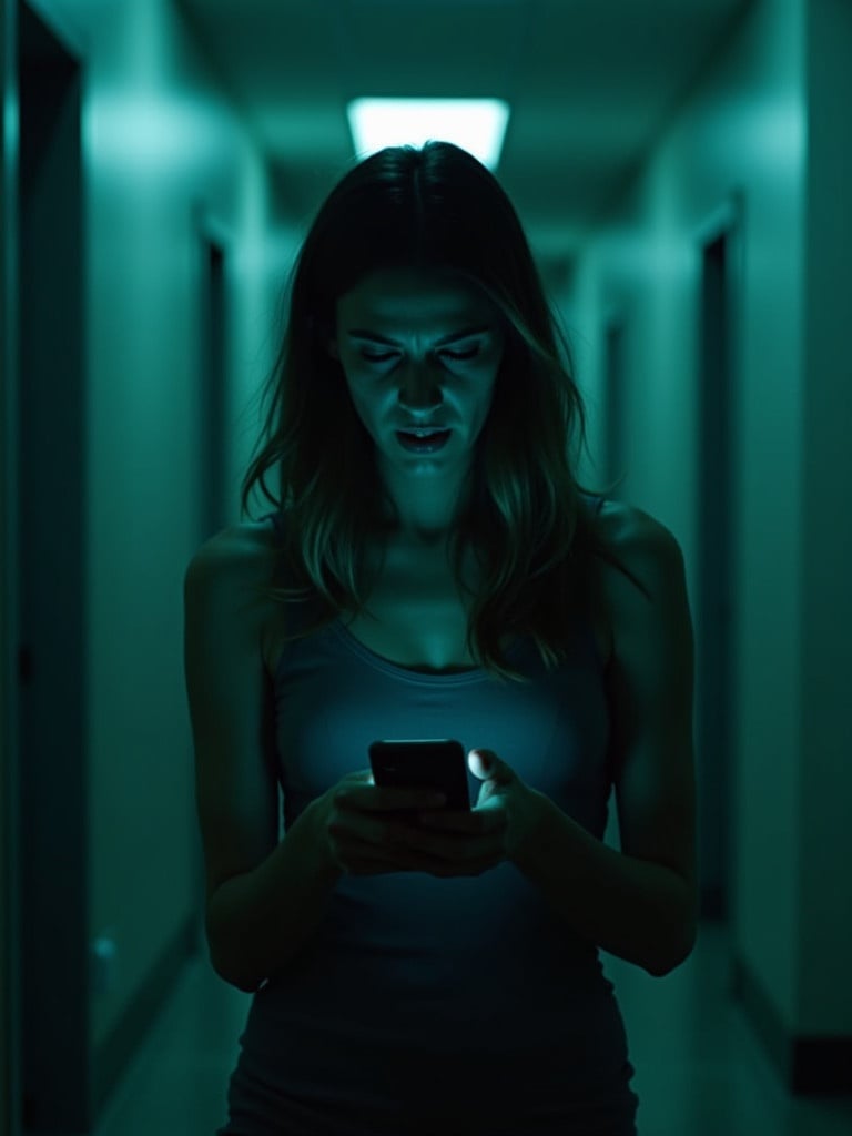 A woman stands in a dimly lit hallway. She is looking at her phone with an intense focus. The lighting is dim with a teal tint. Shadows are visible in the background. The atmosphere feels suspenseful and tense.