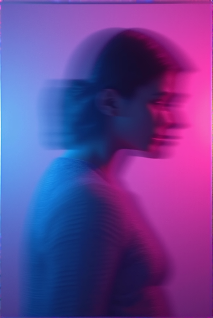 A blurred image of a person facing sideways with overlapping blue and pink hues, creating a dreamlike, abstract effect.