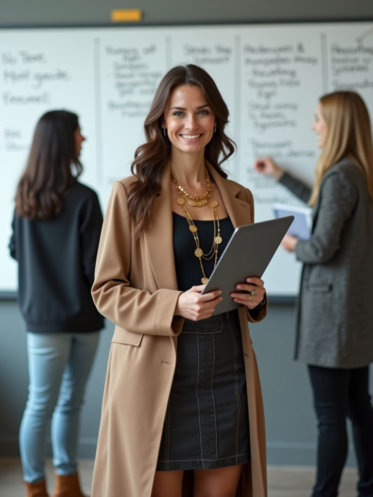 Three women are in a room with a whiteboard; one is at the forefront holding a tablet, while the others are discussing in the background.