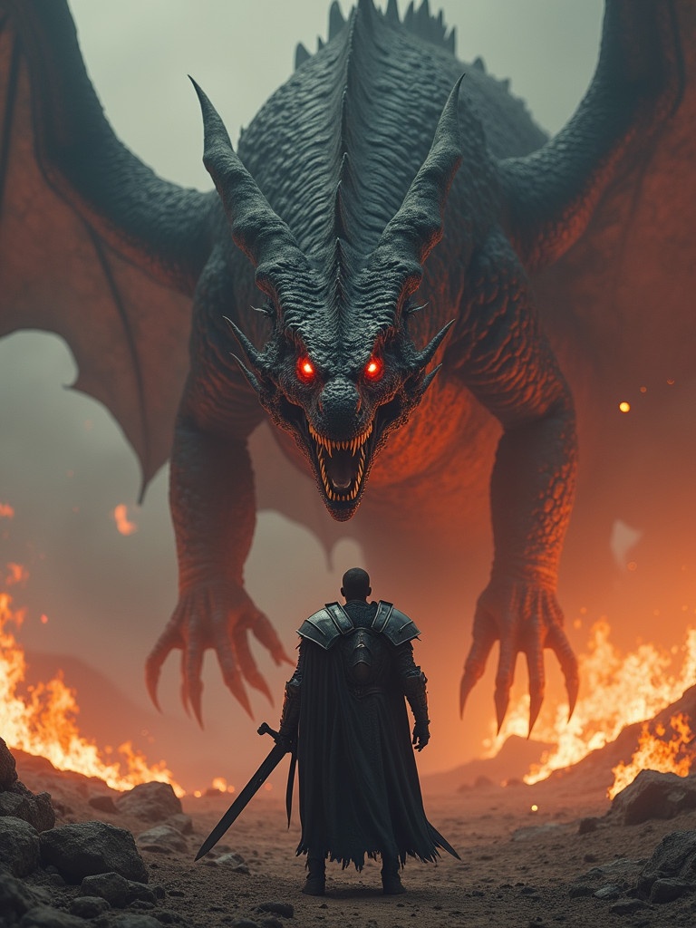 A valiant knight stands with a hunched sword. A giant dragon approaches with ferocious aggression. The background shows an apocalyptic scene with flames and smoke. The dragon has red flaming eyes sharp teeth and a dark scaly body. The atmosphere is filled with tension and energy. A legendary battle between human and dragon unfolds in a dramatic fantasy landscape.