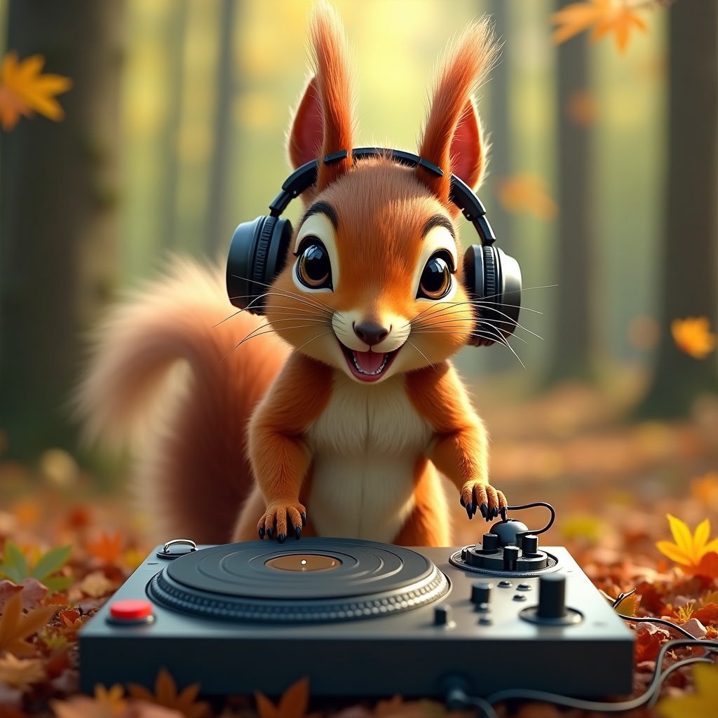 A cartoon squirrel wearing headphones is happily mixing music at a turntable in a forest during autumn. Colorful leaves surround the scene, creating a vibrant and cheerful atmosphere.