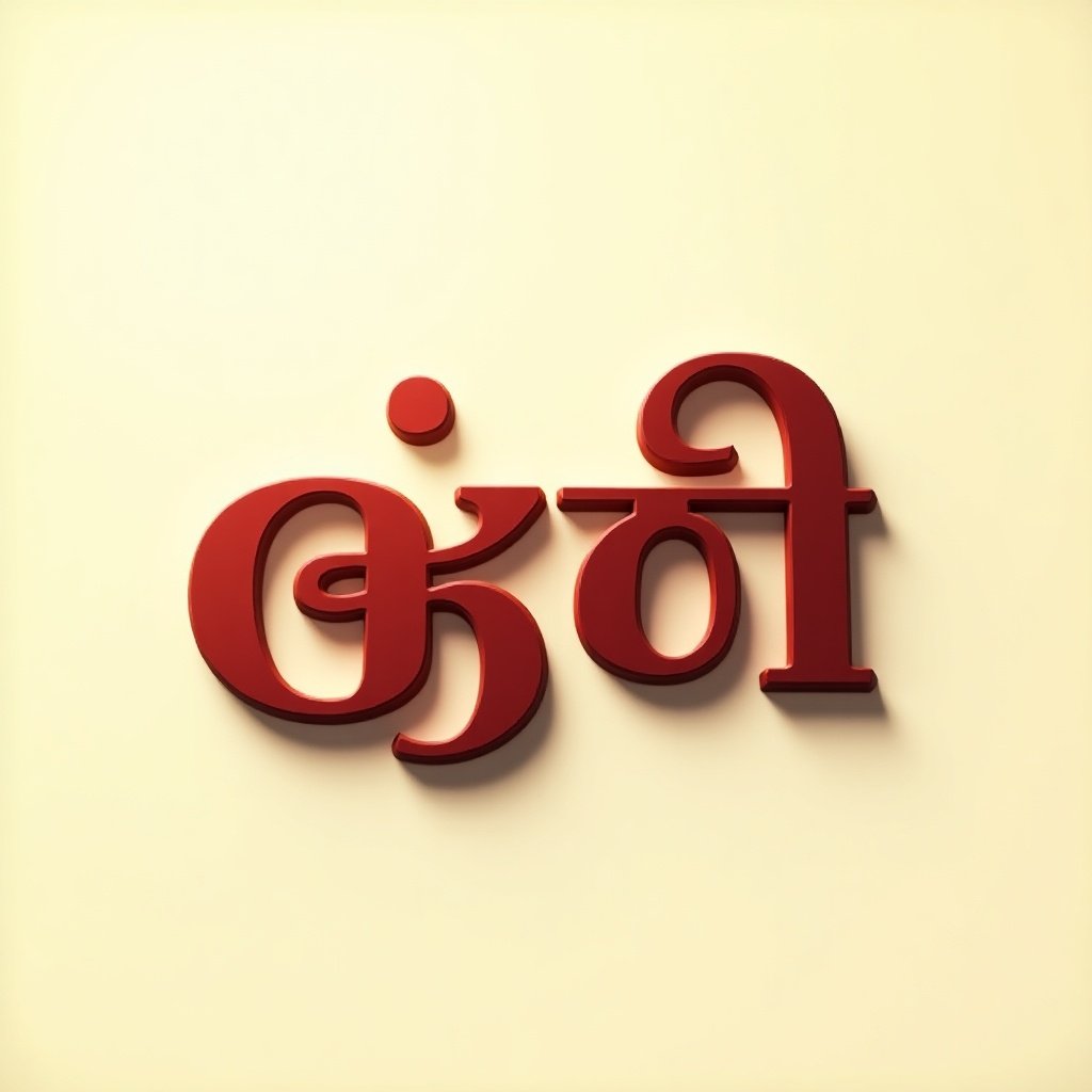 Image features the Malayalam word 'ഇനിയും' in a cinematic font. The design uses deep red color with light cream backdrop. Subtle shadows and highlights create a three-dimensional look. Gentle lighting gives a warm ambiance. Represents beauty of Malayalam script.