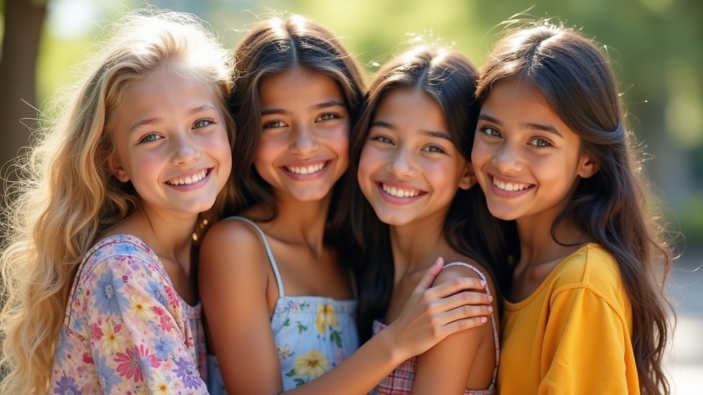 Four girls from different countries embrace and smile joyfully. Girls have different hair colors and textures. Girls wear colorful casual clothes. Scene is in bright outdoor setting. Soft natural lighting creates a warm atmosphere. Background blurs softly.