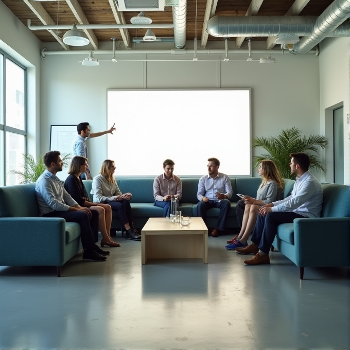 A group of professionals engage in a meeting, seated casually on blue sofas in a modern office with a large blank screen on the wall.