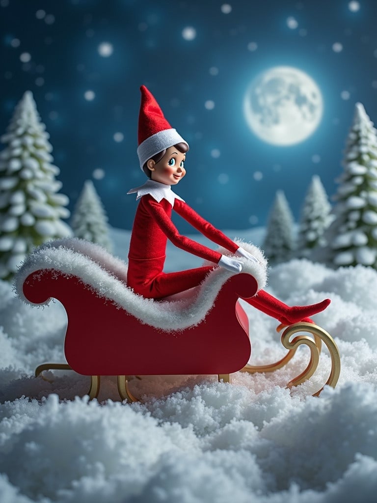 An elf sits in a red sleigh on a snowy landscape under a bright moon. Sleigh has golden runners. Snow-covered trees are in the background. The scene evokes a magical Christmas atmosphere.