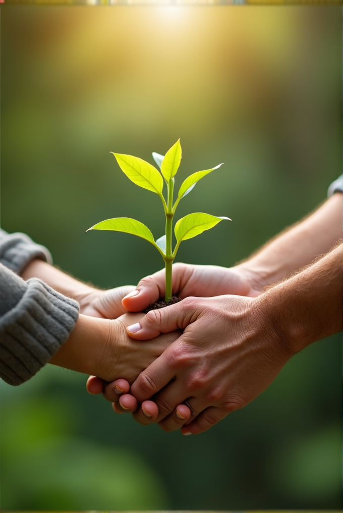 Two pairs of hands gently cradle a young, vibrant plant against a softly blurred green background, symbolizing growth and care.