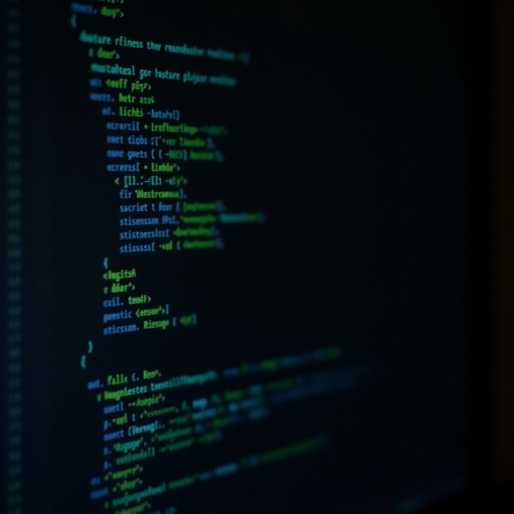 Blurred image of computer code. Dark-themed text editor. Lines of syntax highlighted in green and blue.