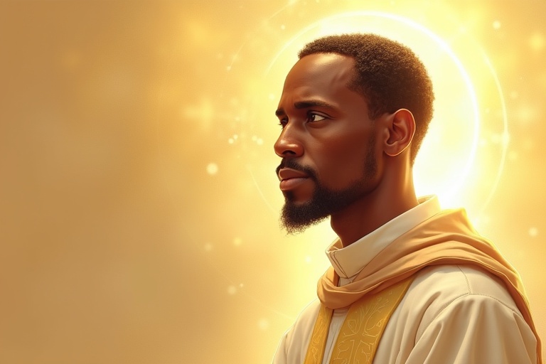 Vibrant digital artwork of close-up portrait of Saint Martin de Porres. Luminous colors with gold, white, beige. Dominican habit. Serene expression. Highlights Afro-Peruvian heritage. Divine glow emphasizes holiness. Background gradient of gold and white. Positioned right with negative space on left for text.