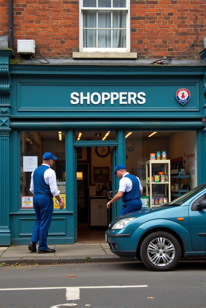 Two people in blue uniforms stand in front of a small shop with a brick facade and teal accents.