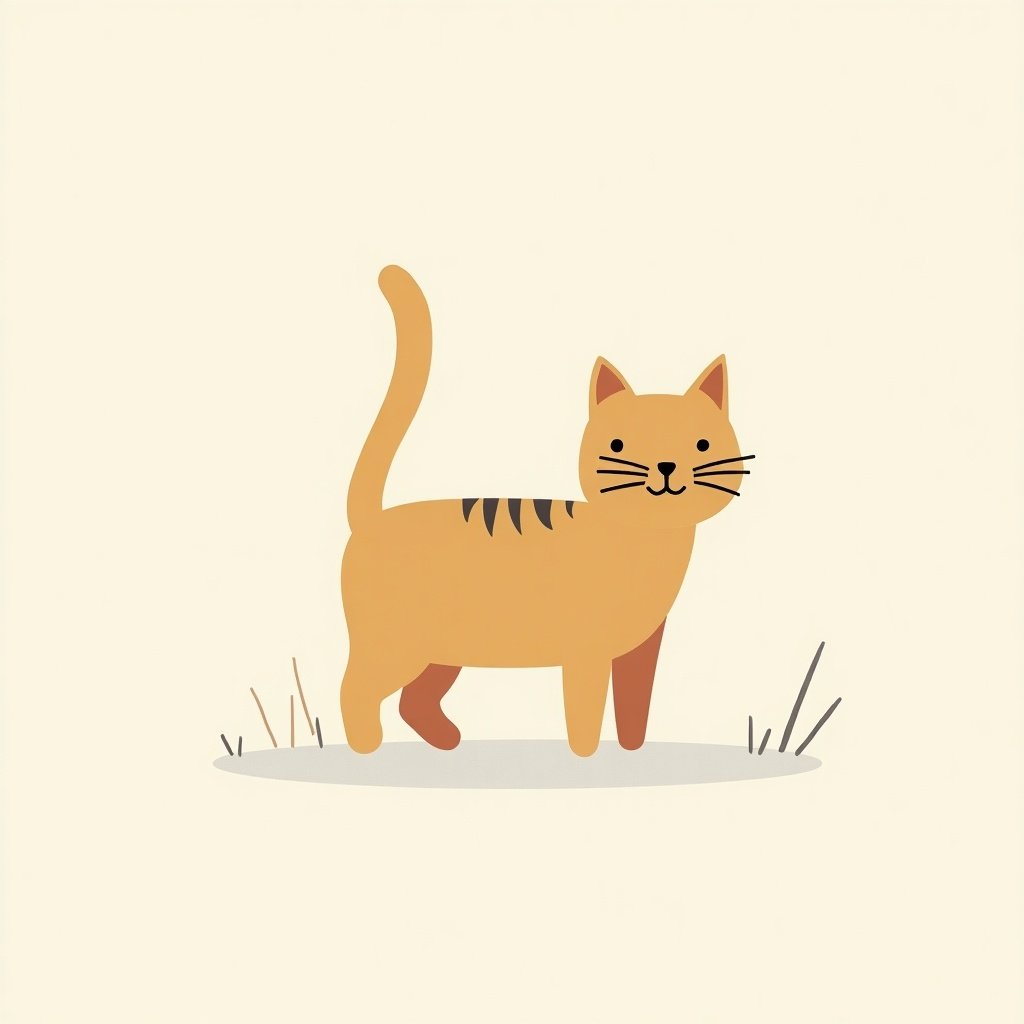 Minimalistic and whimsical depiction of a cat. The cat features a solid orange color with a few black stripes on its back. Simple line art creates a flat shape style for the cat. The background is a soft cream color with some grass elements.