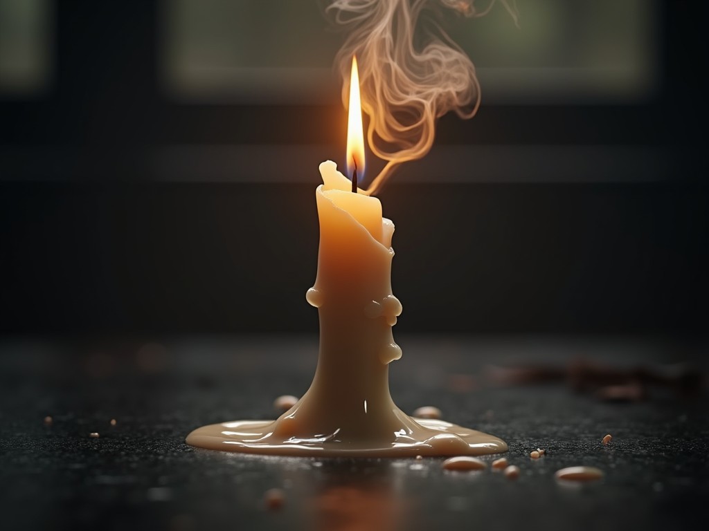 This image captures a candle, almost fully melted, with a small, flickering flame. The wax has pooled around the candle, creating an intricate pattern on the dark surface. Wisps of smoke rise gently above, adding a sense of movement to the calm and serene atmosphere.