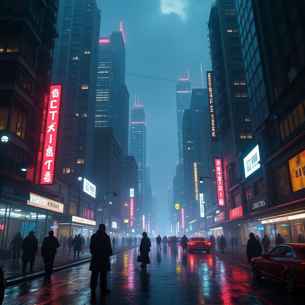 Futuristic cyberpunk mega city at night. Tall buildings illuminated by neon lights. Bustling streets with people and cars. Atmospheric fog adds mystery. Strong details and vivid colors.