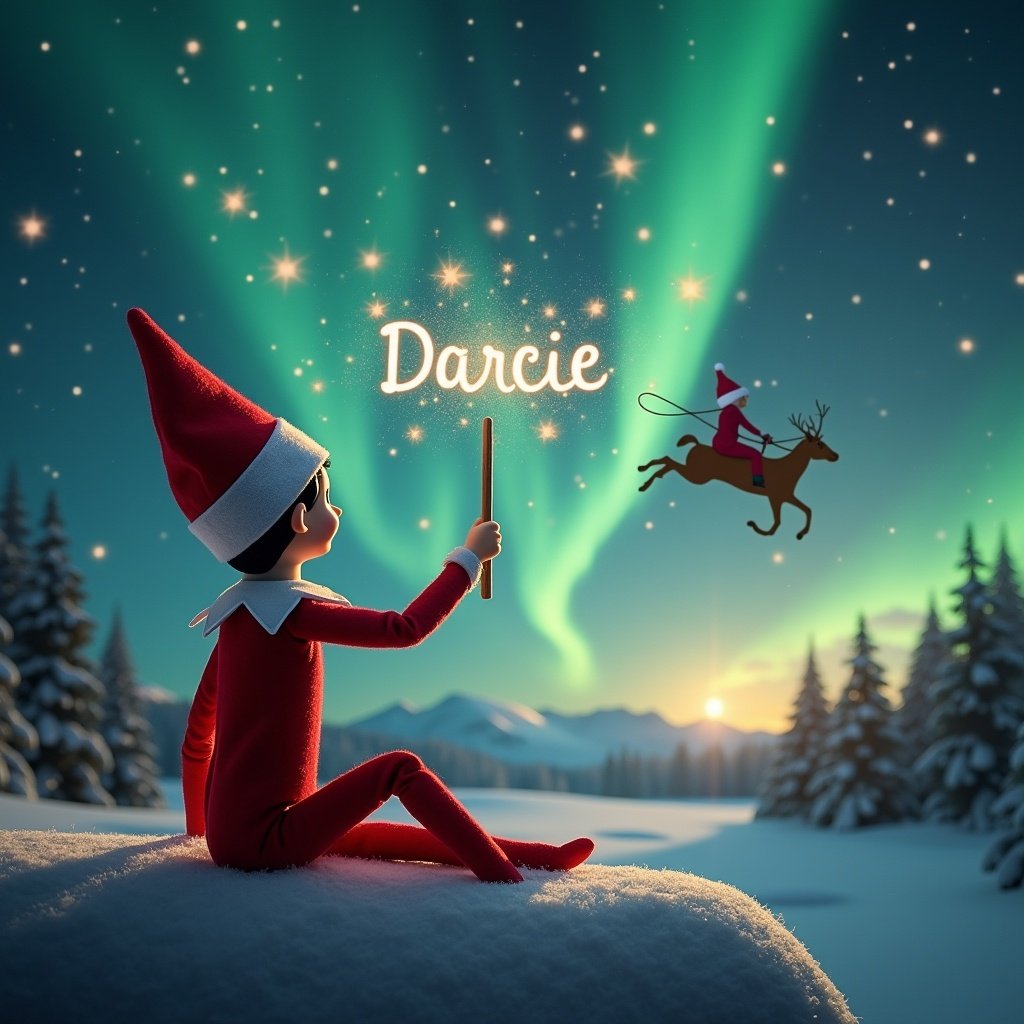 The scene features an Elf on the Shelf with its back to the viewer, gazing at the sky. The elf is using a wand to spell the name 'Darcie' in sparkling letters. Behind the elf is a stunning winter landscape illuminated by vibrant northern lights. A silhouette of Santa Claus can be seen riding his reindeer in the background. Snow-covered trees and a serene mountain range complete the enchanting holiday atmosphere.