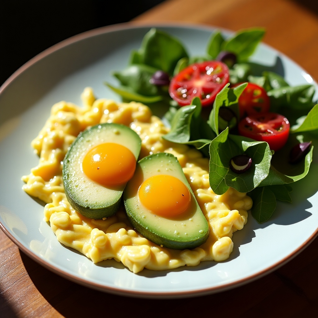 This image features a delicious plate of scrambled eggs served with half avocados topped with bright egg yolks. Accompanying this dish is a fresh side salad with vibrant greens and halved cherry tomatoes. The warm yellow tones of the eggs and pasta, combined with the lush greens and reds of the salad, create an appealing contrast. The lighting is bright and natural, showcasing the freshness of the ingredients. This meal is perfect for breakfast or a light lunch, representing healthy eating choices.