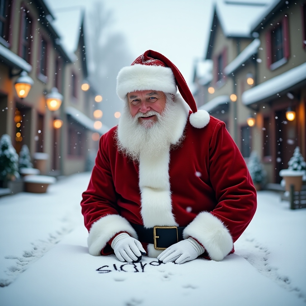 Santa Claus writes names in snow. He wears traditional red and white clothing. The street is snowy with charming buildings. Scene has soft winter light. Cheerful holiday atmosphere.