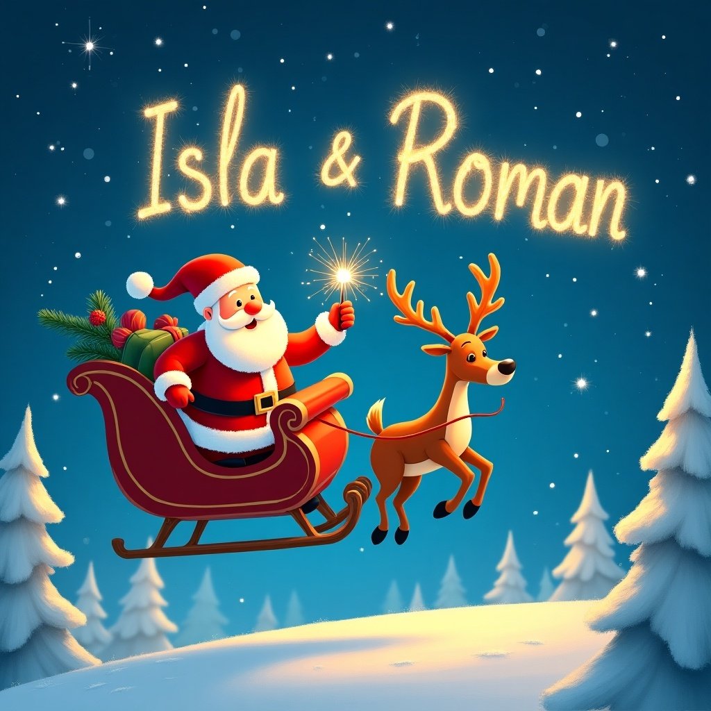 Santa Claus in a sleigh with a reindeer. Snowy landscape with Christmas trees. Santa writes Isla & Roman in the sky using a sparkler.