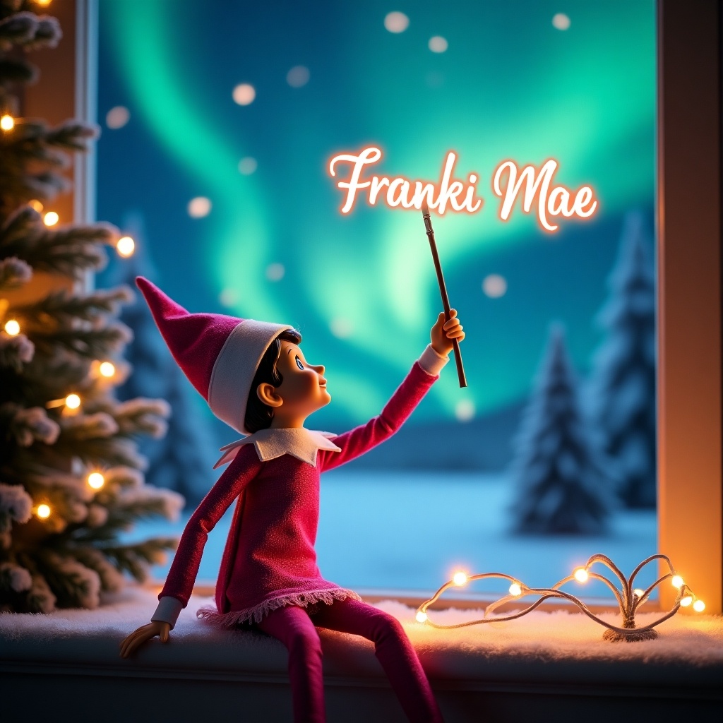 An enchanting Christmas scene features a girl elf on the shelf. The elf is dressed in sparkly pink and white. The elf wields a magic wand, writing 'Franki Mae' in a glowing script above. The backdrop has vibrant northern lights for a magical ambiance. The scene shows the spirit of Christmas with a whimsical twist. The elf's action creates excitement capturing the joy of the holiday season.