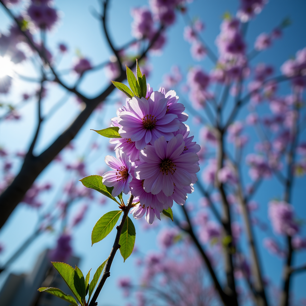 A cluster of vibrant purple flowers blossoms against a clear blue sky.