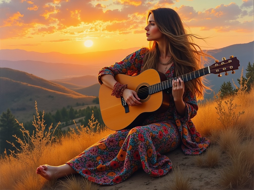 A serene image of a woman sitting on a grassy hillside during sunset, playing an acoustic guitar. She is dressed in a vibrant, floral-patterned dress that harmonizes with the golden hues of the sunset and the landscape. The soft, warm lighting enhances the tranquil atmosphere, capturing a moment of peaceful reflection and music in nature.