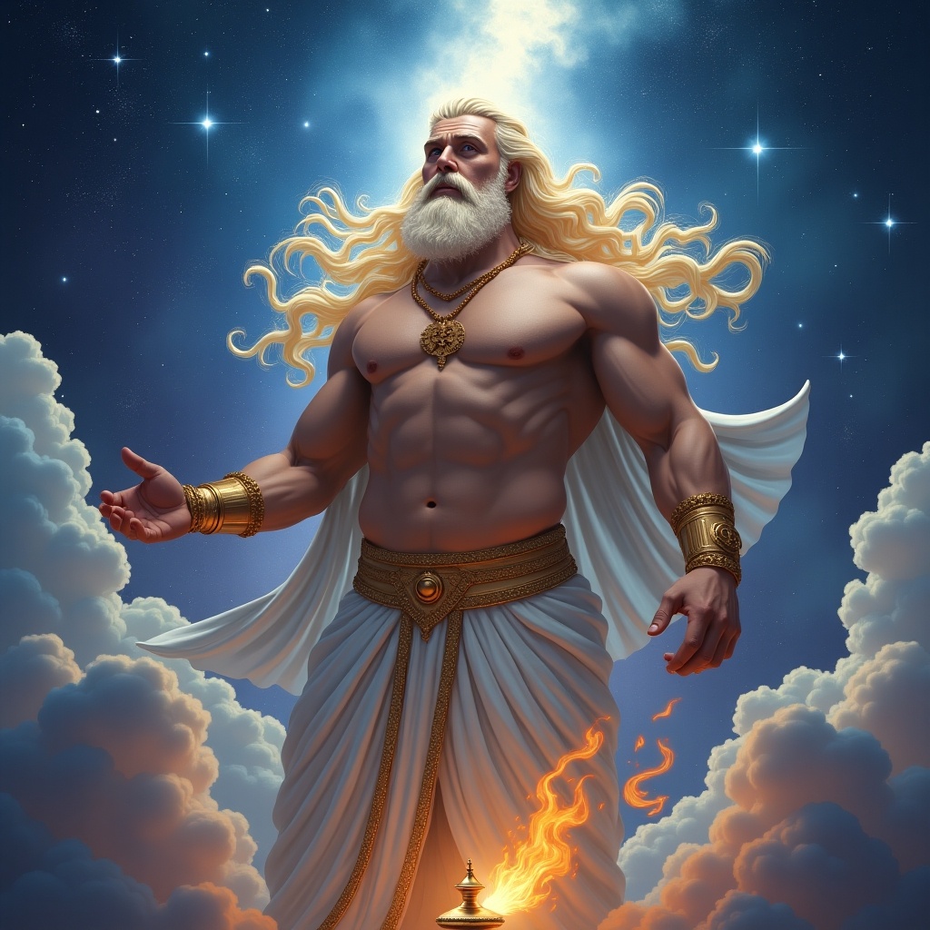 This image features a powerful genie king, depicted as a tall, barrel-chested male with impressive musculature. He has long, flowing blonde hair that adds to his majestic appearance. The genie king floats above his ornate lamp, surrounded by swirling clouds and a starry background. His expression is one of authority and power, embodying the essence of a mythical ruler. The overall ambiance is magical and inspiring, drawing the viewer into a fantastical realm.