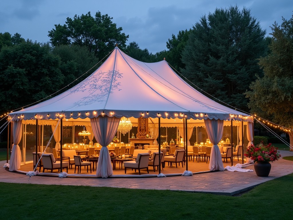 This image captures a beautifully decorated outdoor tent set up for an elegant evening event. The tent is lit with soft warm lights, creating a cozy and inviting ambience. Surrounding the tent are lush green trees, adding a natural backdrop. Inside the tent, tables are elegantly set with decor, hinting at a wedding or a classy gathering. The overall atmosphere evokes a sense of celebration and sophistication.