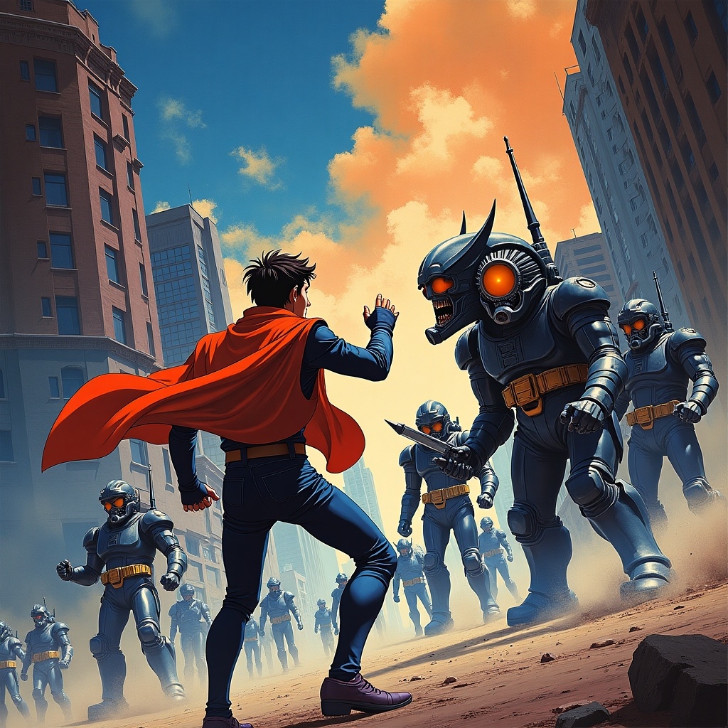 A dynamic poster featuring a hero in a red cape facing robotic enemies in a cityscape. Dramatic lighting and action-packed scene evoke a sense of adventure.