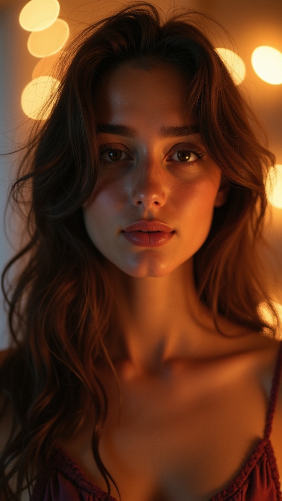 The image captures a close-up portrait of a person with wavy hair, bathed in soft, warm lighting. The background is adorned with out-of-focus lights that add a dreamy and intimate feel to the scene. The subject's eyes and expression are the focal points, drawing the viewer in with their depth and warmth.