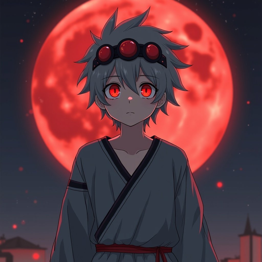 A boy wearing a gray outfit with red elements has vibrant red hair and striking red eyes. The background features a large red moon illuminating the night sky. He wears a clambal on his head. The setting creates a fantasy atmosphere.