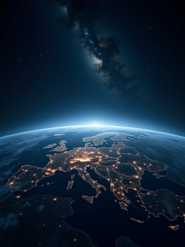 The earth displayed from space at night. Cities illuminated with lights. Stars visible in the background. Creative artistic touch. Captured in high detail for cinematic effect.