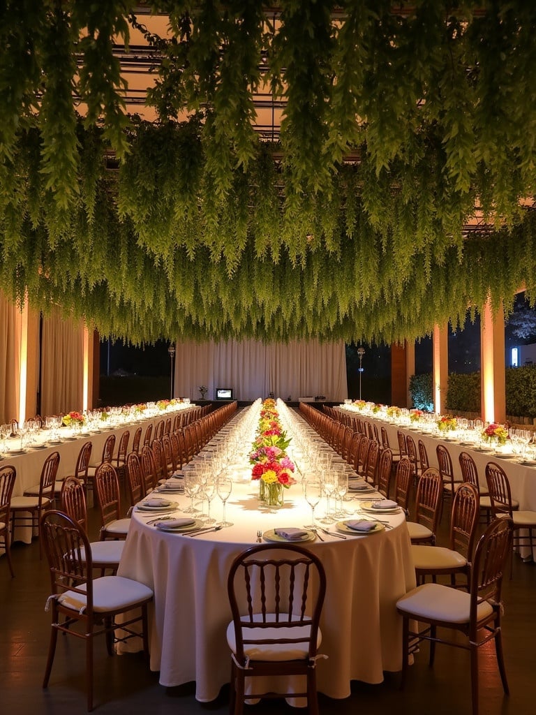 Gala dinner event setup for the 1st International Wellness and Health Conference. The space is designed to accommodate 800 guests. It features an elegant decoration that reflects concepts of nature and wellness with hanging greenery and floral centerpieces on the tables.