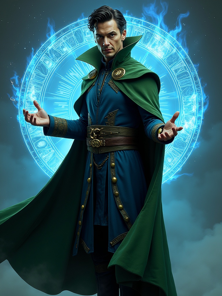 Bran Stark portrayed as a mystical sorcerer reminiscent of Doctor Strange. The design features a flowing green cloak and blue runes. The character's hands are raised as if summoning magical symbols that represent time manipulation.