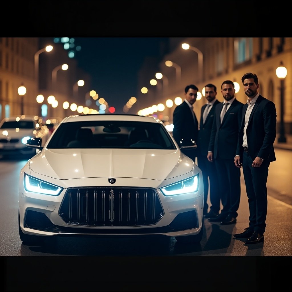 Sleek white car positioned on city street at night. Glowing headlights illuminate surroundings. Well-dressed men in suits stand protectively beside the car.