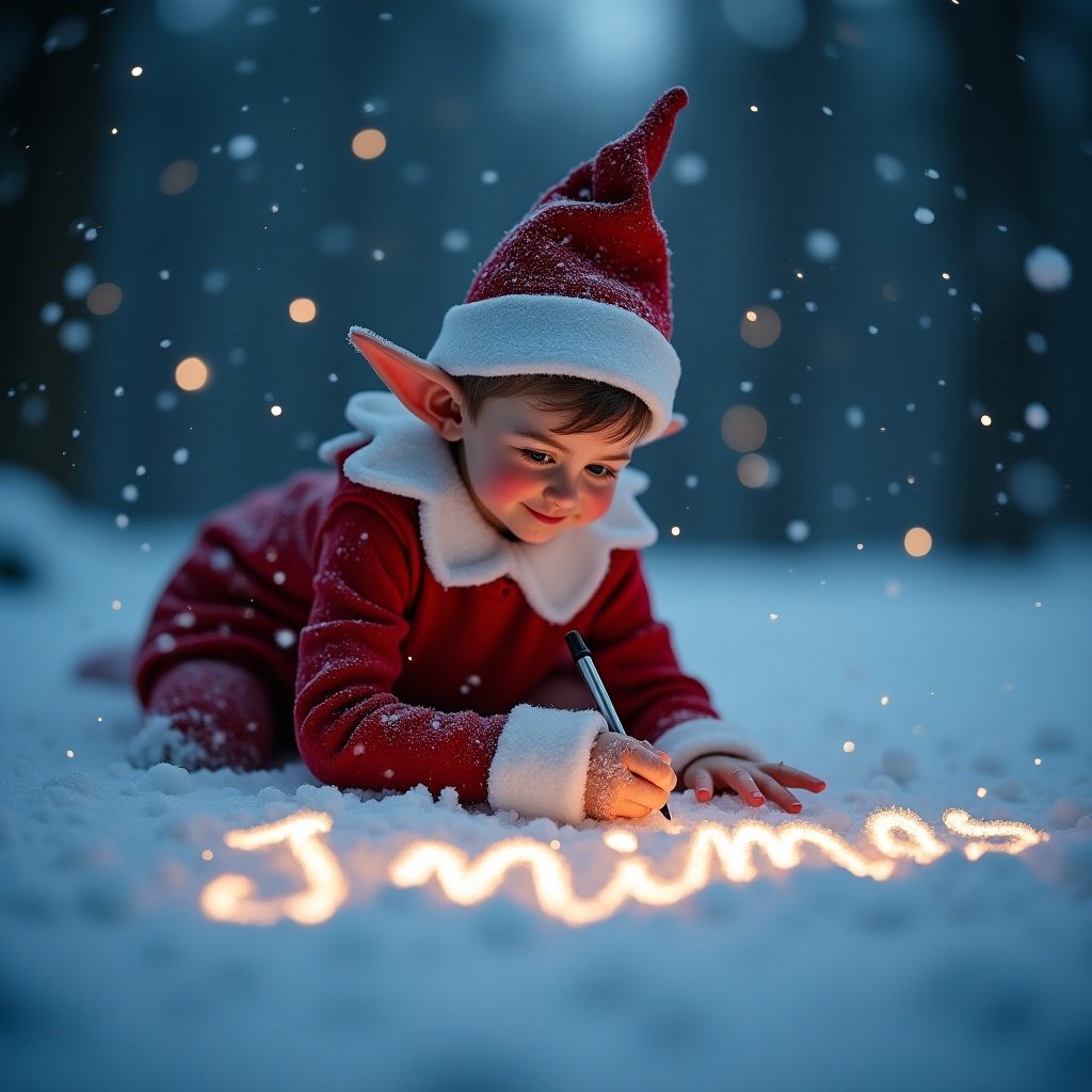 In a magical winter setting an elf in red writes names in the snow with a glowing pen. Snowflakes fall in the air creating an enchanting atmosphere with soft lighting accentuating the elf and the letters.