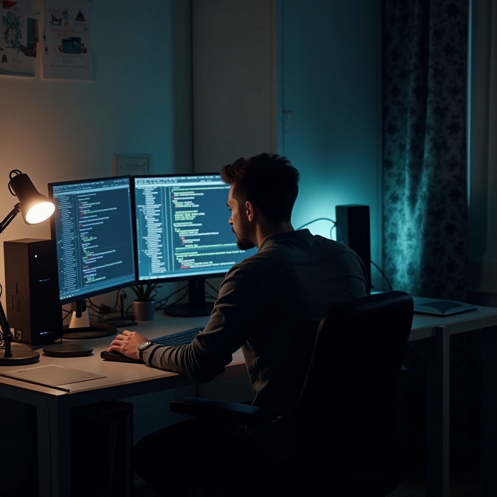 A person is sitting in a dark room, working on a computer with code displayed on dual monitors.