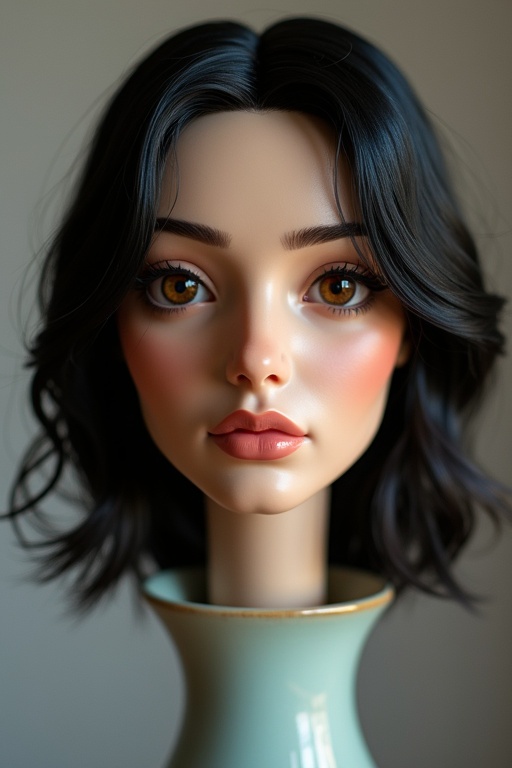 Realistic woman head resting in vase. Hair is black and flowing. Eyes are hazel. The vase is stylish and elegant. The setting has soft lighting and neutral tones.