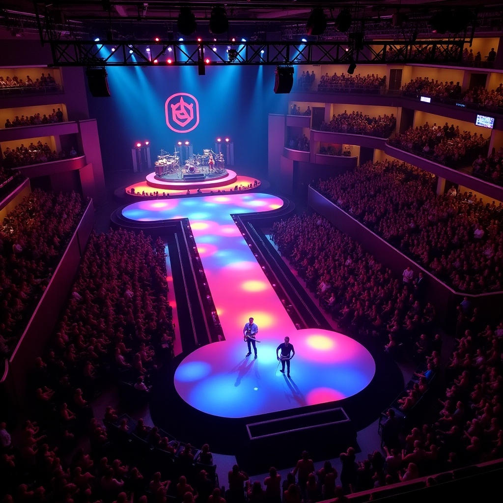 A stunning drone view of a concert featuring Roddy Ricch at Madison Square Garden. The stage is illuminated in vibrant colors, creating a dynamic atmosphere for the live performance. The unique T-stage runway extends into the audience, enhancing the connection between the performers and fans. Rows of audience members fill the expansive venue, captivated by the experience. This image captures the essence of a modern music concert with high energy and excitement.